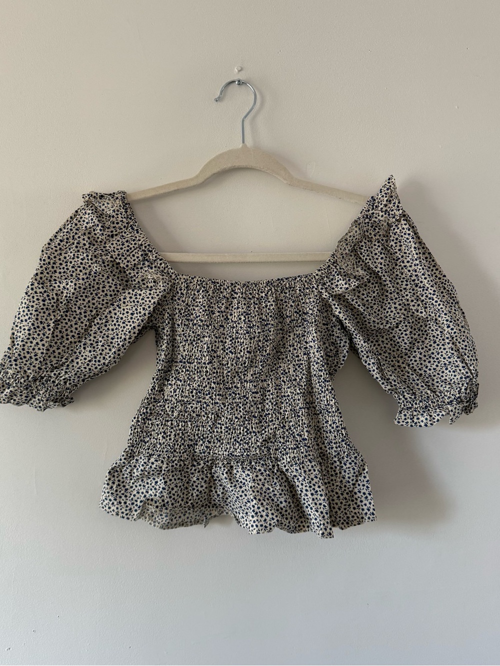 Topshop Cottagecore Blue Floral Smocked Puff Sleeve Babydoll Top US 2